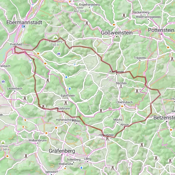 Map miniature of "Pretzfeld Almersberg Gravel Route" cycling inspiration in Oberfranken, Germany. Generated by Tarmacs.app cycling route planner
