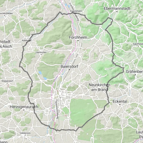 Map miniature of "Pretzfeld Leutenbach Road Route" cycling inspiration in Oberfranken, Germany. Generated by Tarmacs.app cycling route planner