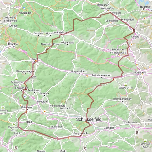 Map miniature of "Scenic Gravel Route" cycling inspiration in Oberfranken, Germany. Generated by Tarmacs.app cycling route planner