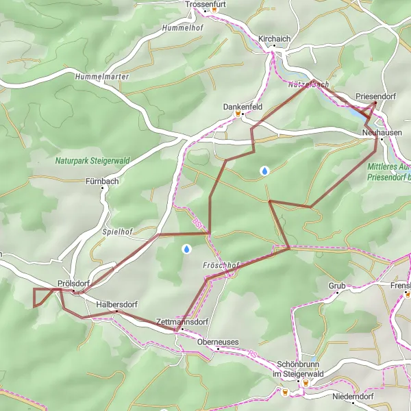 Map miniature of "Short Gravel Ride from Priesendorf" cycling inspiration in Oberfranken, Germany. Generated by Tarmacs.app cycling route planner