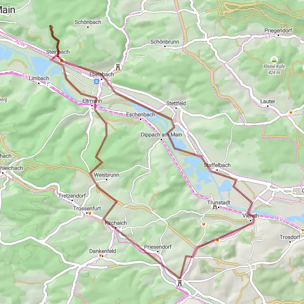 Karten-Miniaturansicht der Radinspiration "Gravelroute Kiefer Plateau und Steigerwald" in Oberfranken, Germany. Erstellt vom Tarmacs.app-Routenplaner für Radtouren