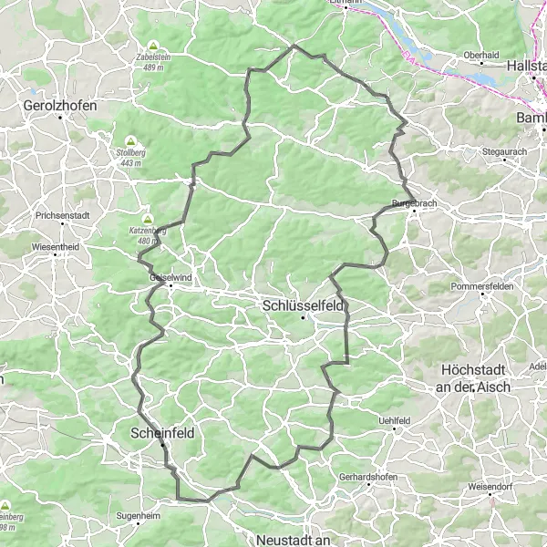 Map miniature of "Hills and Villages" cycling inspiration in Oberfranken, Germany. Generated by Tarmacs.app cycling route planner