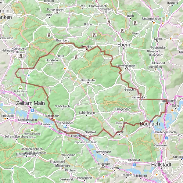 Map miniature of "Adventurous Gravel Tour of Oberfranken" cycling inspiration in Oberfranken, Germany. Generated by Tarmacs.app cycling route planner