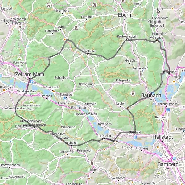 Karten-Miniaturansicht der Radinspiration "Hügeliges Oberfranken" in Oberfranken, Germany. Erstellt vom Tarmacs.app-Routenplaner für Radtouren