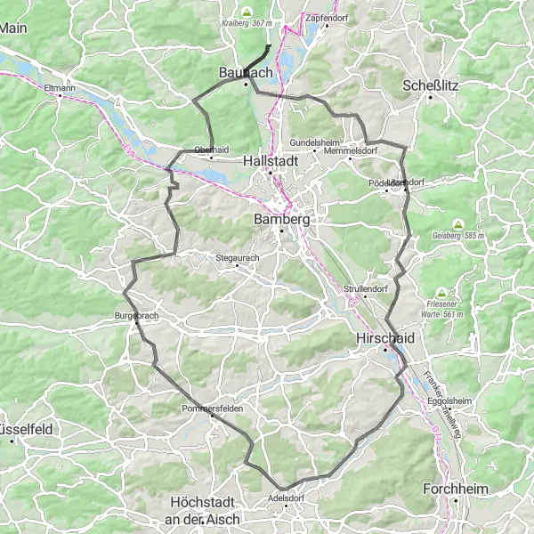 Map miniature of "Exploring Franconian Countryside" cycling inspiration in Oberfranken, Germany. Generated by Tarmacs.app cycling route planner