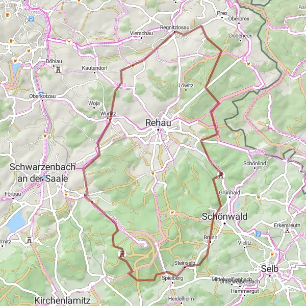 Karten-Miniaturansicht der Radinspiration "Gravelrunde Regnitzlosau - Pfaffenberg - Osseck am Wald" in Oberfranken, Germany. Erstellt vom Tarmacs.app-Routenplaner für Radtouren