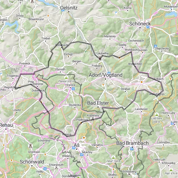 Karten-Miniaturansicht der Radinspiration "Rundtour Regnitzlosau - Ebersbach - Smrkovec" in Oberfranken, Germany. Erstellt vom Tarmacs.app-Routenplaner für Radtouren