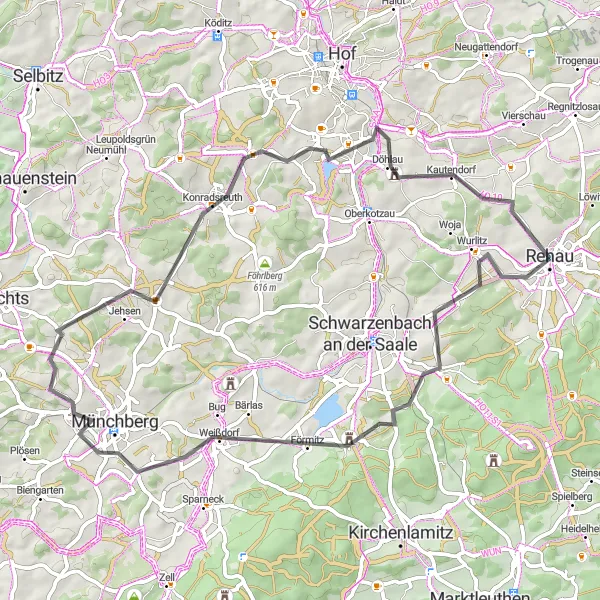 Karten-Miniaturansicht der Radinspiration "Radtour zu den Ahornberger Bergen" in Oberfranken, Germany. Erstellt vom Tarmacs.app-Routenplaner für Radtouren