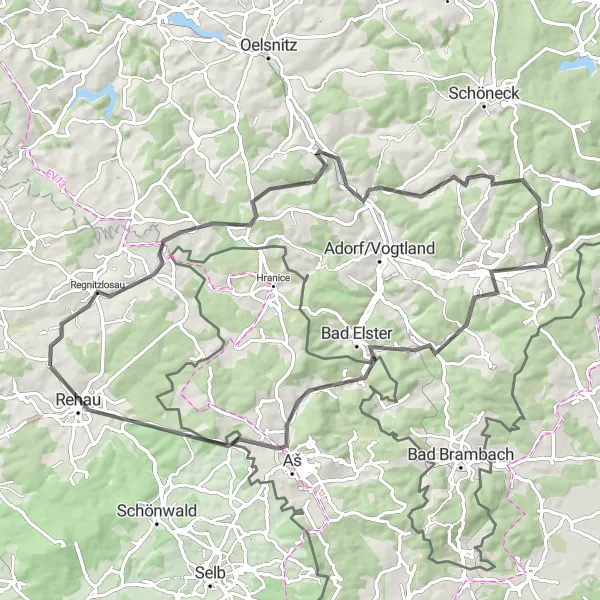 Karten-Miniaturansicht der Radinspiration "Rundtour Regnitzlosau - Rehau" in Oberfranken, Germany. Erstellt vom Tarmacs.app-Routenplaner für Radtouren