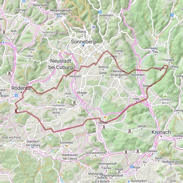 Map miniature of "Rödental to Mitwitz Gravel Route" cycling inspiration in Oberfranken, Germany. Generated by Tarmacs.app cycling route planner