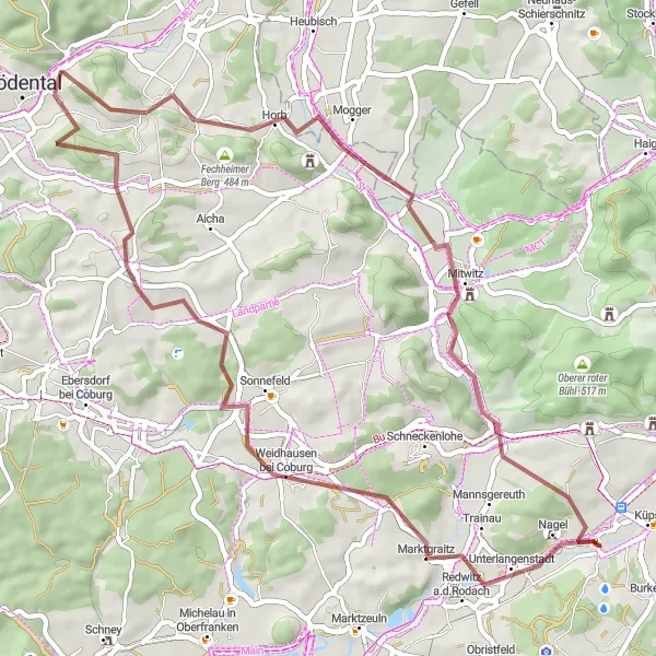 Karten-Miniaturansicht der Radinspiration "Durch die Rodach-Auen und auf die Höhenzüge" in Oberfranken, Germany. Erstellt vom Tarmacs.app-Routenplaner für Radtouren