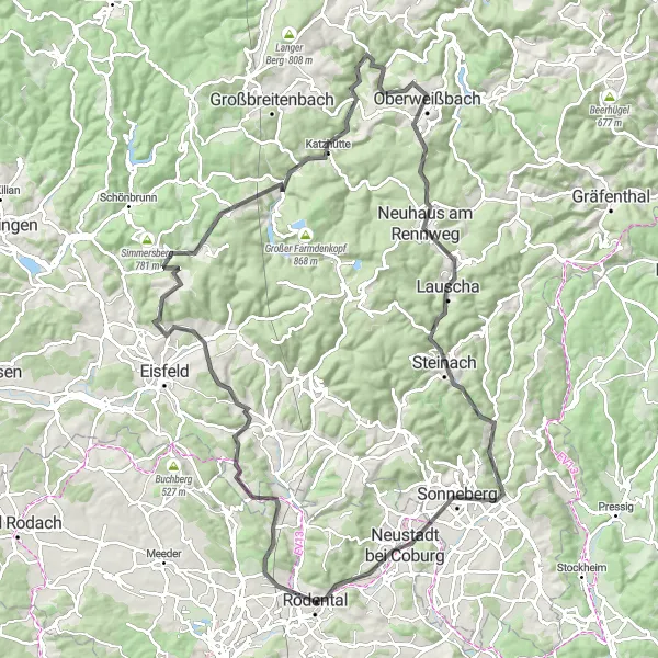 Karten-Miniaturansicht der Radinspiration "Tour von Coburg nach Sonneberg" in Oberfranken, Germany. Erstellt vom Tarmacs.app-Routenplaner für Radtouren