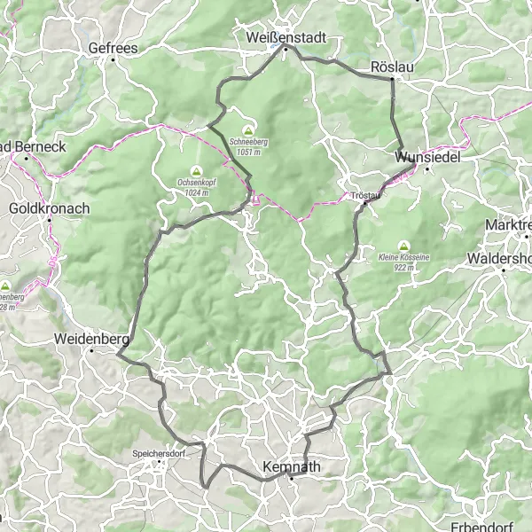 Karten-Miniaturansicht der Radinspiration "Hügelige Straßen und schöne Ausblicke" in Oberfranken, Germany. Erstellt vom Tarmacs.app-Routenplaner für Radtouren