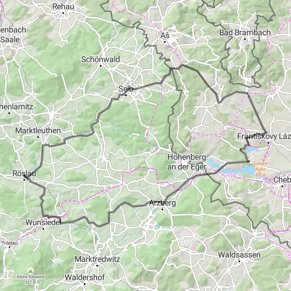 Map miniature of "The Hills of Oberfranken" cycling inspiration in Oberfranken, Germany. Generated by Tarmacs.app cycling route planner