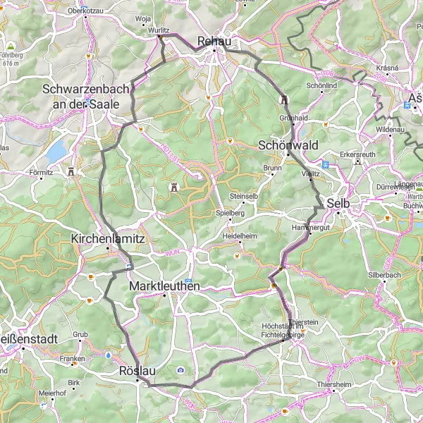 Map miniature of "Röslau to Schwarzenhammer Road Cycling Route" cycling inspiration in Oberfranken, Germany. Generated by Tarmacs.app cycling route planner