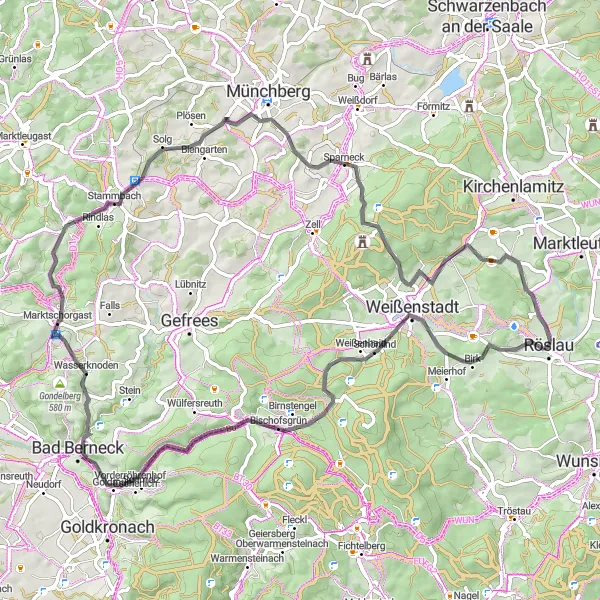 Karten-Miniaturansicht der Radinspiration "Herausfordernde Anstiege und atemberaubende Aussichten" in Oberfranken, Germany. Erstellt vom Tarmacs.app-Routenplaner für Radtouren