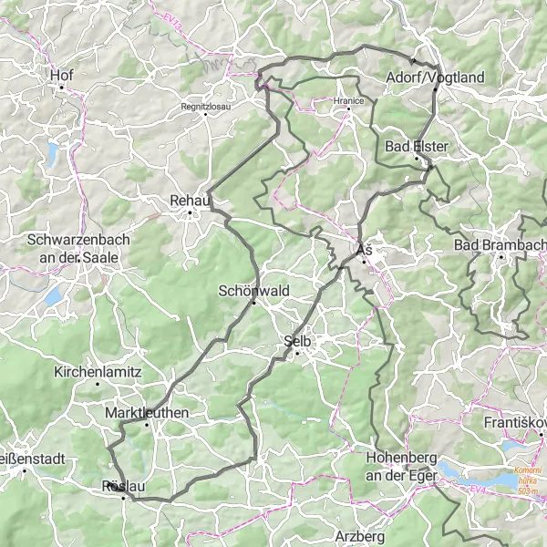 Map miniature of "Röslau to Freiberg Road Cycling Route" cycling inspiration in Oberfranken, Germany. Generated by Tarmacs.app cycling route planner