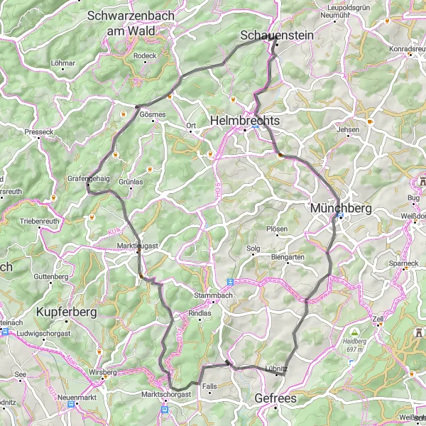 Map miniature of "Volkmannsgrün Loop" cycling inspiration in Oberfranken, Germany. Generated by Tarmacs.app cycling route planner