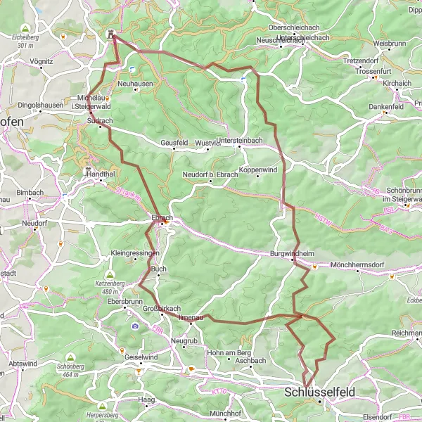 Map miniature of "Schlüsselfeld Adventure" cycling inspiration in Oberfranken, Germany. Generated by Tarmacs.app cycling route planner