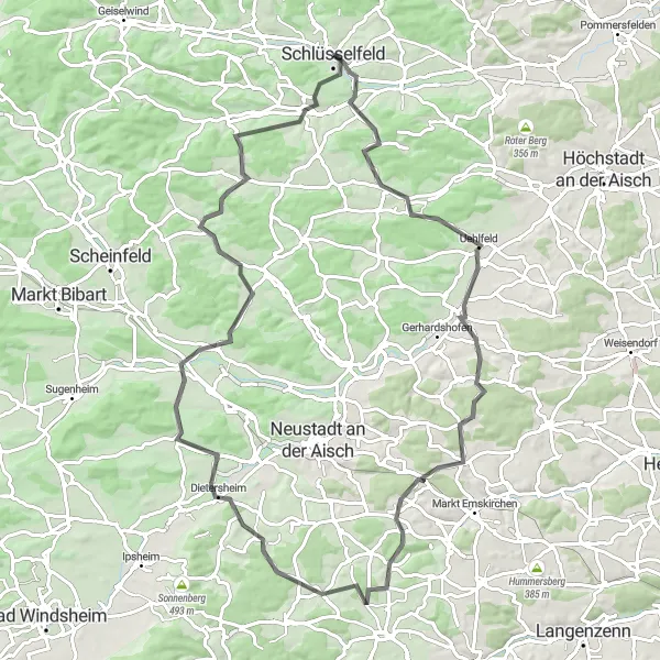 Map miniature of "Scenic Road Cycling Route near Schlüsselfeld" cycling inspiration in Oberfranken, Germany. Generated by Tarmacs.app cycling route planner