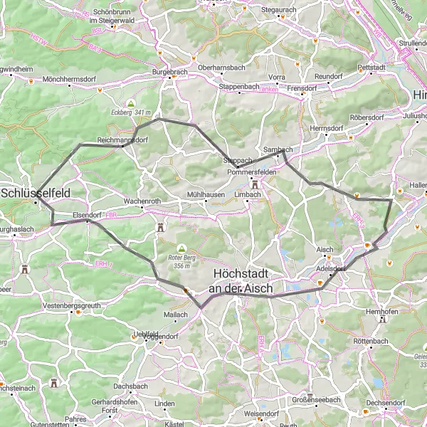 Map miniature of "Steigerwald Panorama" cycling inspiration in Oberfranken, Germany. Generated by Tarmacs.app cycling route planner