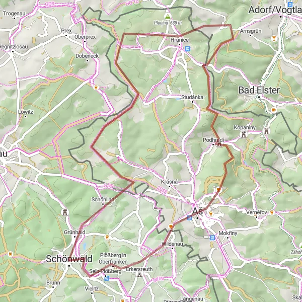 Map miniature of "Aš Spa Gravel Loop" cycling inspiration in Oberfranken, Germany. Generated by Tarmacs.app cycling route planner