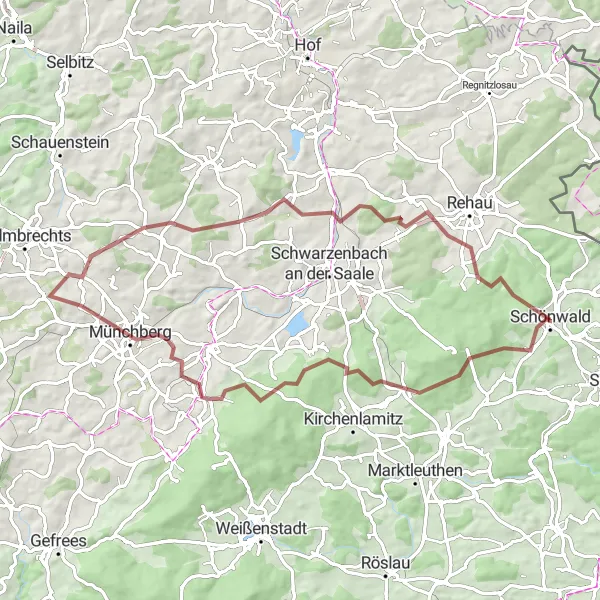 Karten-Miniaturansicht der Radinspiration "Bergtour über Münchberg und Wüstenbrunn" in Oberfranken, Germany. Erstellt vom Tarmacs.app-Routenplaner für Radtouren