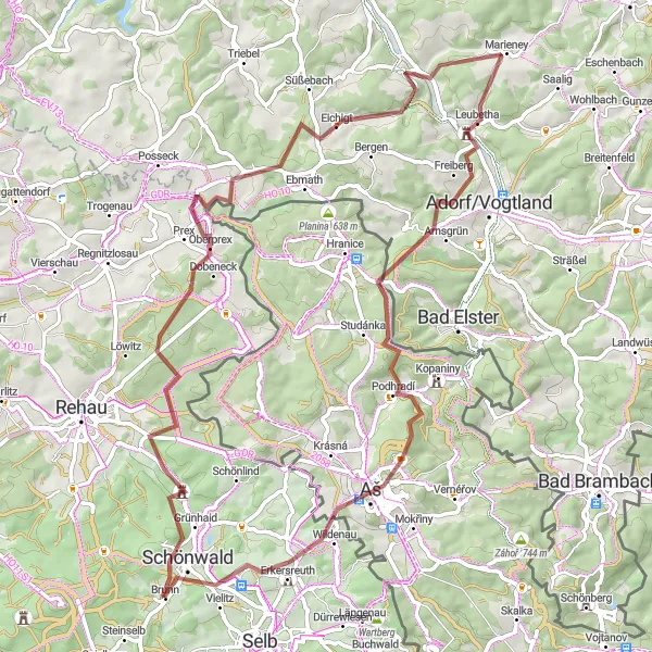 Karten-Miniaturansicht der Radinspiration "Schönwald - Muzeum Aš Tagestour" in Oberfranken, Germany. Erstellt vom Tarmacs.app-Routenplaner für Radtouren