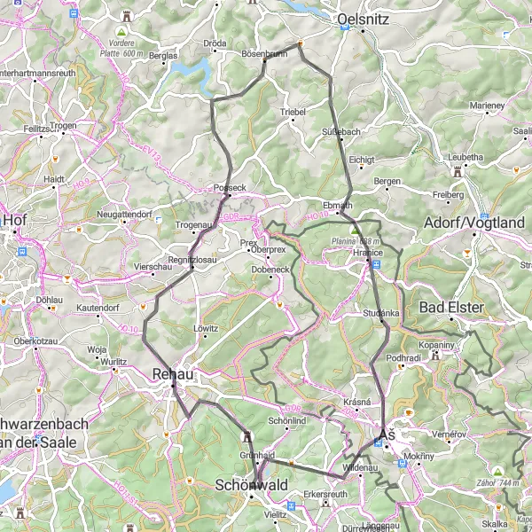 Map miniature of "Rehau Countryside Road Loop" cycling inspiration in Oberfranken, Germany. Generated by Tarmacs.app cycling route planner
