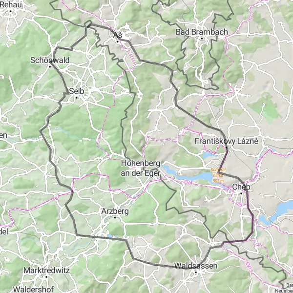 Karten-Miniaturansicht der Radinspiration "Aš - Waldsassen Langstrecke" in Oberfranken, Germany. Erstellt vom Tarmacs.app-Routenplaner für Radtouren