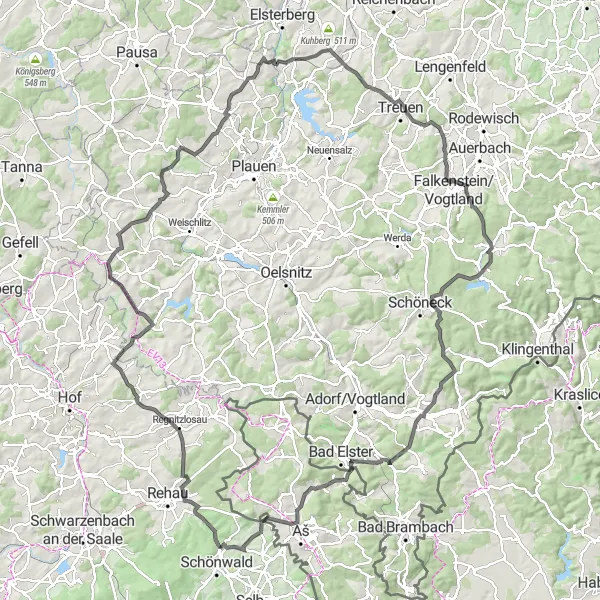 Map miniature of "Vogtland Challenge" cycling inspiration in Oberfranken, Germany. Generated by Tarmacs.app cycling route planner