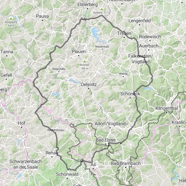 Karten-Miniaturansicht der Radinspiration "Die Große Herausforderung: Durch das Vogtland bis nach Aš" in Oberfranken, Germany. Erstellt vom Tarmacs.app-Routenplaner für Radtouren