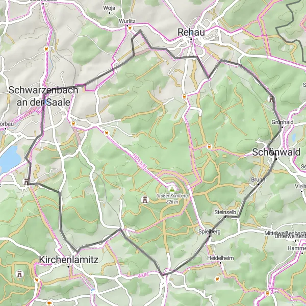 Map miniature of "Saale Valley Ride" cycling inspiration in Oberfranken, Germany. Generated by Tarmacs.app cycling route planner
