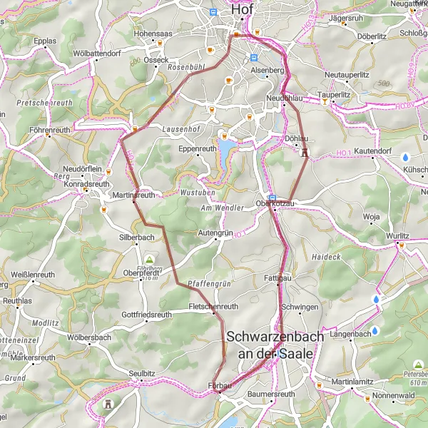 Map miniature of "Blosenberg -- Martinsreuth -- Hof -- Schwarzenbach an der Saale Gravel Route" cycling inspiration in Oberfranken, Germany. Generated by Tarmacs.app cycling route planner