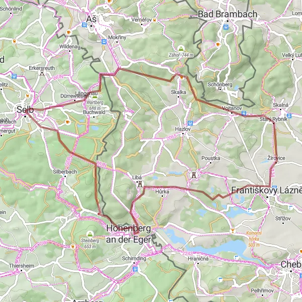 Karten-Miniaturansicht der Radinspiration "Gravel Tour um Selb und Františkovy Lázně" in Oberfranken, Germany. Erstellt vom Tarmacs.app-Routenplaner für Radtouren