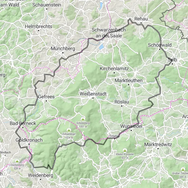 Karten-Miniaturansicht der Radinspiration "Rundtour durch das Fichtelgebirge" in Oberfranken, Germany. Erstellt vom Tarmacs.app-Routenplaner für Radtouren