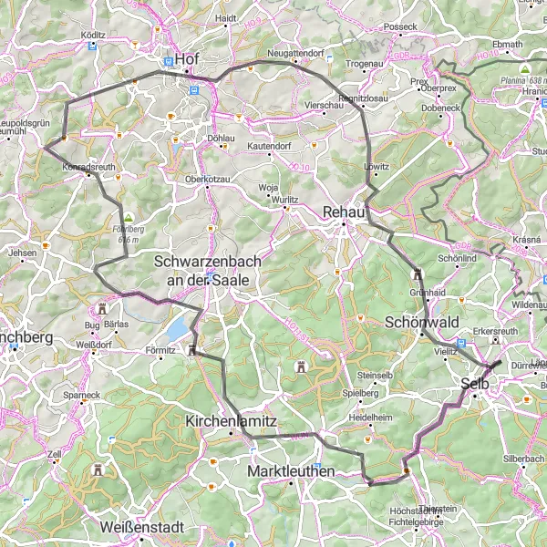 Map miniature of "The Selb Roundtrip" cycling inspiration in Oberfranken, Germany. Generated by Tarmacs.app cycling route planner