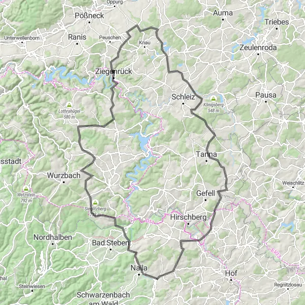 Map miniature of "The Lichtenberg Loop" cycling inspiration in Oberfranken, Germany. Generated by Tarmacs.app cycling route planner