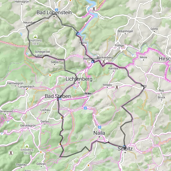 Map miniature of "Selbitz - Naila - Spitzberg - Lichtenberg - Söllhügel - Harra - Gänsebühl - Gupfen - Berg - Neuhaus" cycling inspiration in Oberfranken, Germany. Generated by Tarmacs.app cycling route planner