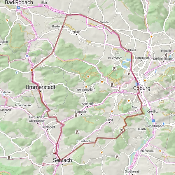 Karten-Miniaturansicht der Radinspiration "Gravelabenteuer um Seßlach" in Oberfranken, Germany. Erstellt vom Tarmacs.app-Routenplaner für Radtouren