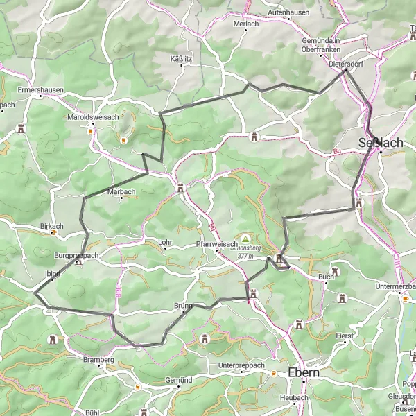 Karten-Miniaturansicht der Radinspiration "Straßenroute - Durch die fränkische Idylle" in Oberfranken, Germany. Erstellt vom Tarmacs.app-Routenplaner für Radtouren