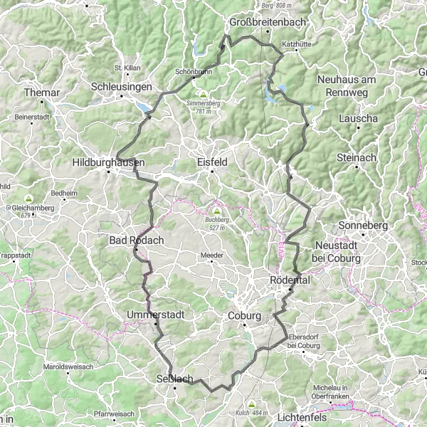 Karten-Miniaturansicht der Radinspiration "Herausfordernde Straßentour um Seßlach" in Oberfranken, Germany. Erstellt vom Tarmacs.app-Routenplaner für Radtouren