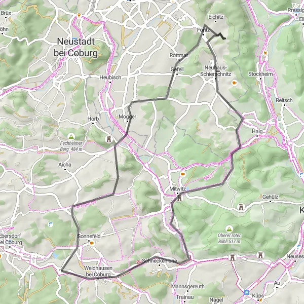 Map miniature of "Sonnefeld and Surroundings" cycling inspiration in Oberfranken, Germany. Generated by Tarmacs.app cycling route planner