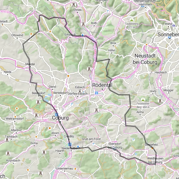 Map miniature of "Coburg and Beyond" cycling inspiration in Oberfranken, Germany. Generated by Tarmacs.app cycling route planner