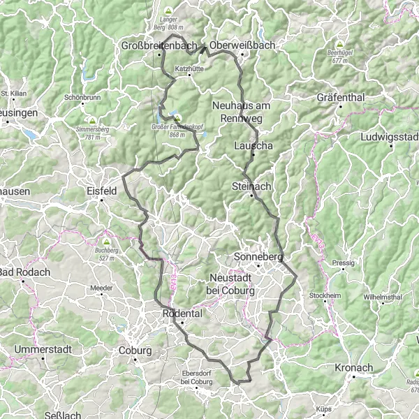 Map miniature of "Sonnefeld Adventure" cycling inspiration in Oberfranken, Germany. Generated by Tarmacs.app cycling route planner