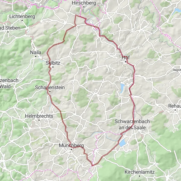 Karten-Miniaturansicht der Radinspiration "Abenteuerliches Gravel-Radfahren in der Nähe von Münchberg" in Oberfranken, Germany. Erstellt vom Tarmacs.app-Routenplaner für Radtouren