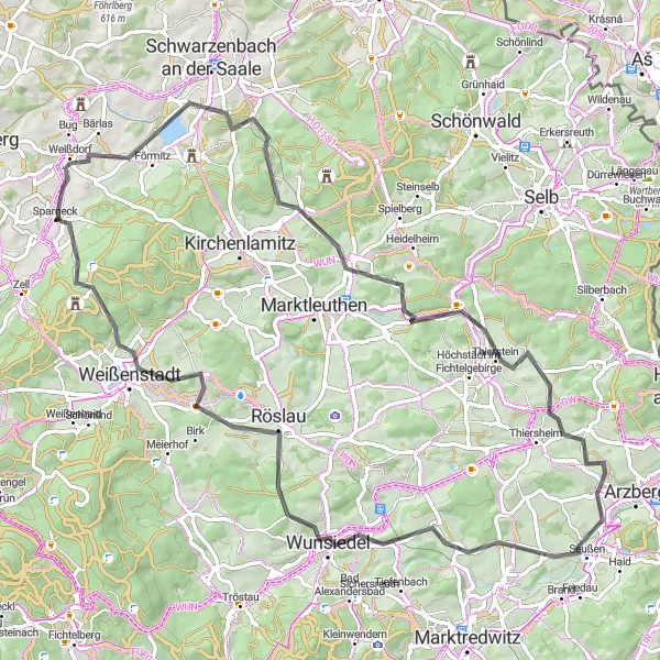 Karten-Miniaturansicht der Radinspiration "Bergiges Straßenradfahren um Sparneck" in Oberfranken, Germany. Erstellt vom Tarmacs.app-Routenplaner für Radtouren