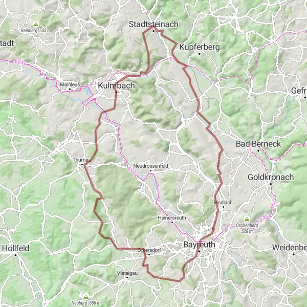 Map miniature of "Gravel adventure through charming landscapes" cycling inspiration in Oberfranken, Germany. Generated by Tarmacs.app cycling route planner