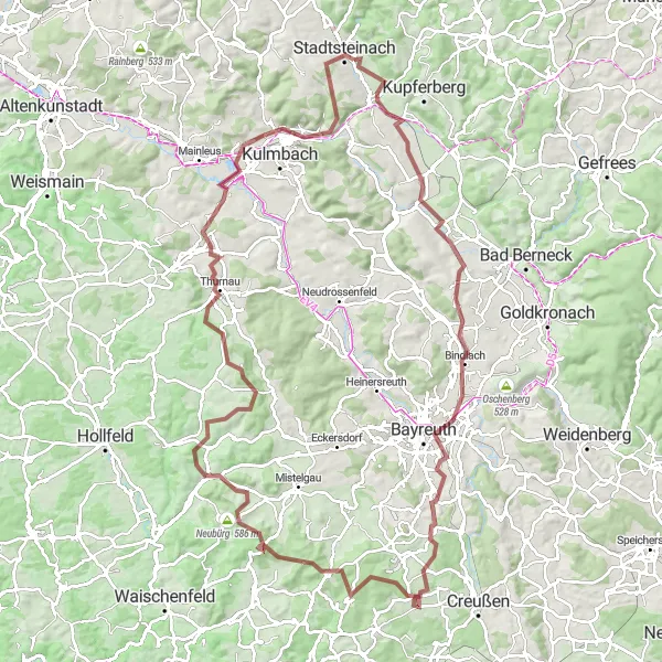 Map miniature of "A challenging gravel paradise with breathtaking views" cycling inspiration in Oberfranken, Germany. Generated by Tarmacs.app cycling route planner