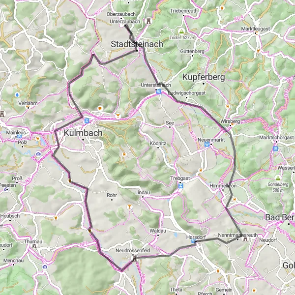 Map miniature of "The Hills and Knocks of Stadtsteinach" cycling inspiration in Oberfranken, Germany. Generated by Tarmacs.app cycling route planner